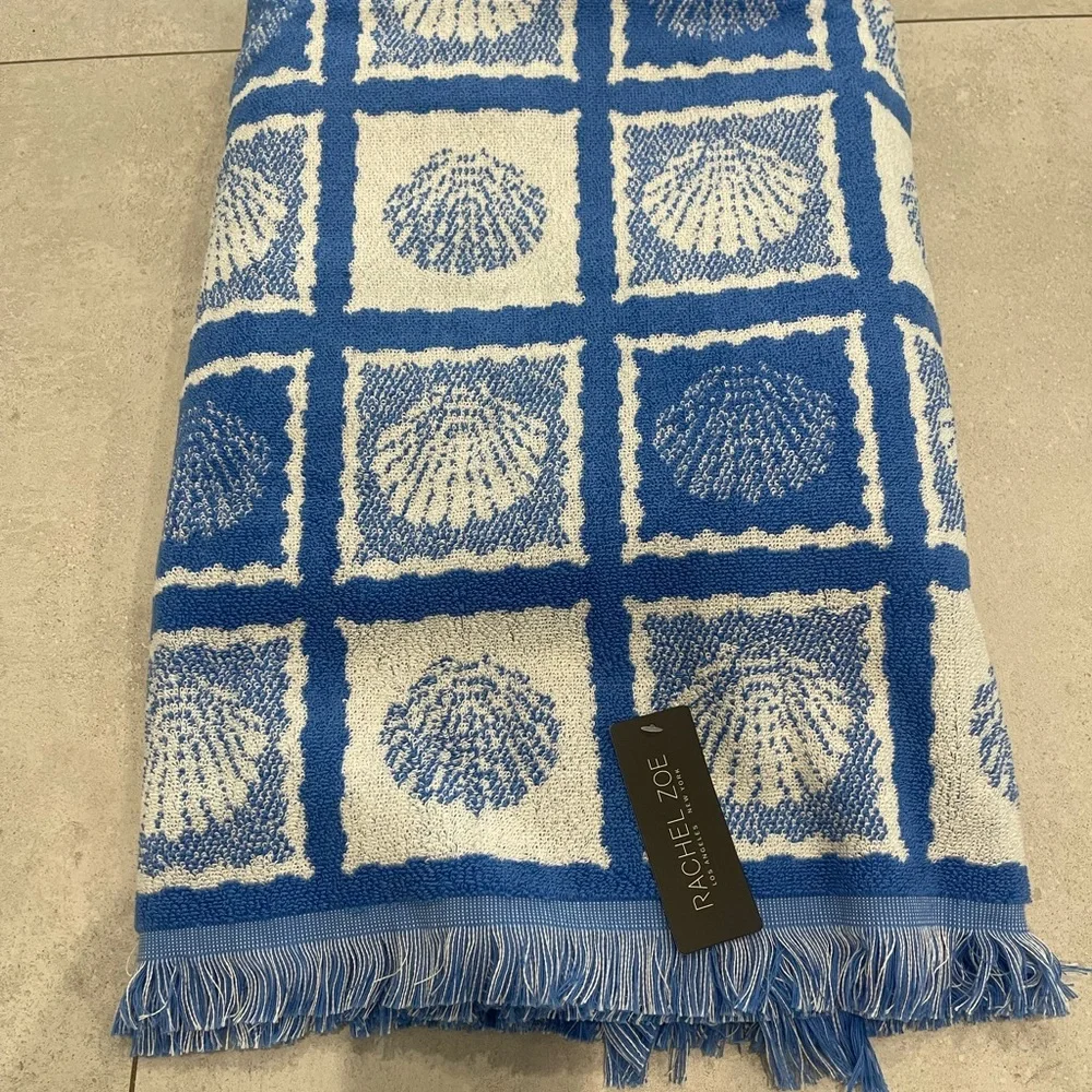 Rachel Zoe Blue and White Seashell Grid Beach Towel with Fringe